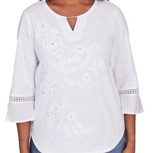 Alfred Dunner White Embroidered Lace 3/4 Sleeve Floral Blouse Sz MP